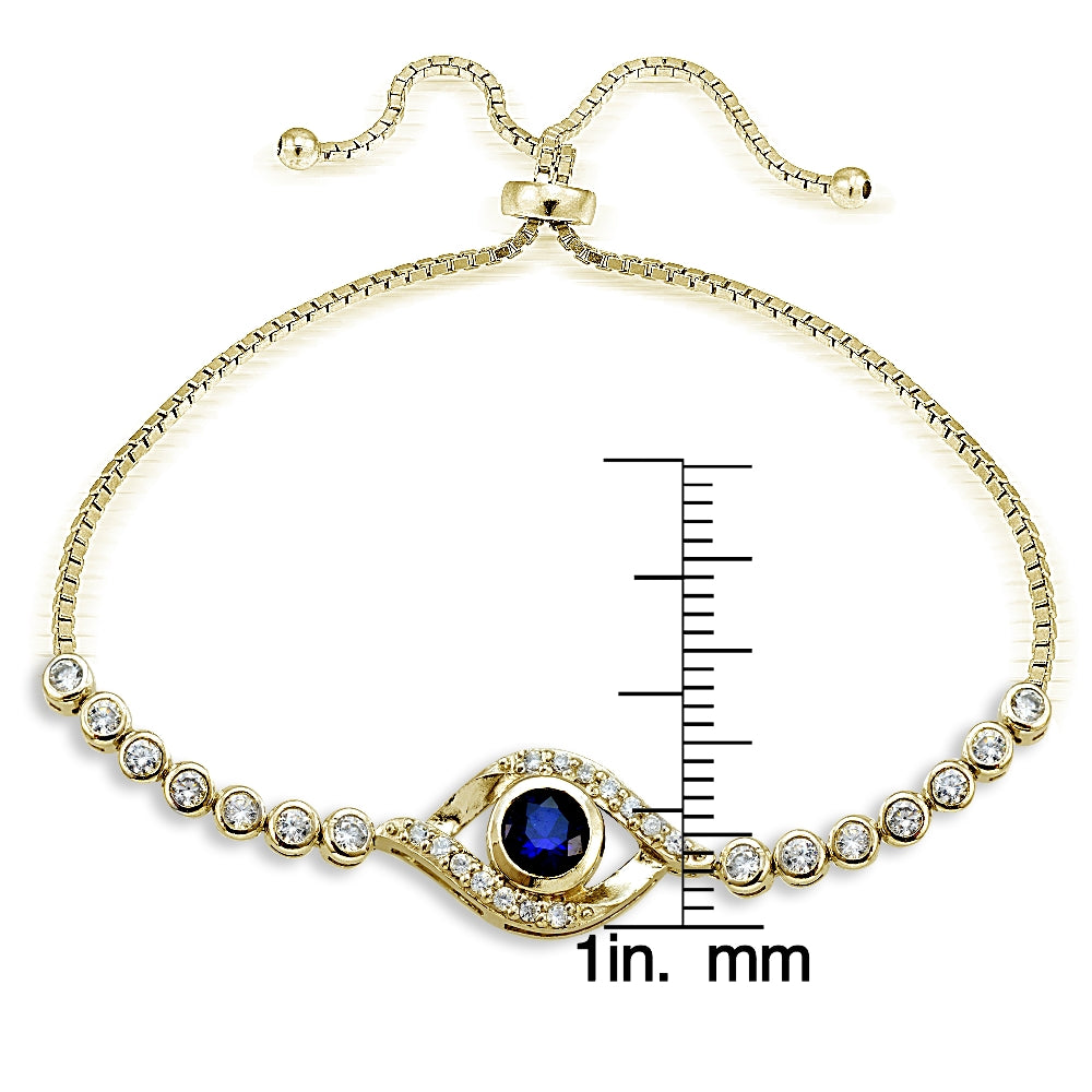 Gold Tone over Sterling Silver Blue Cubic Zirconia Evil Eye Adjustable Bracelet-3