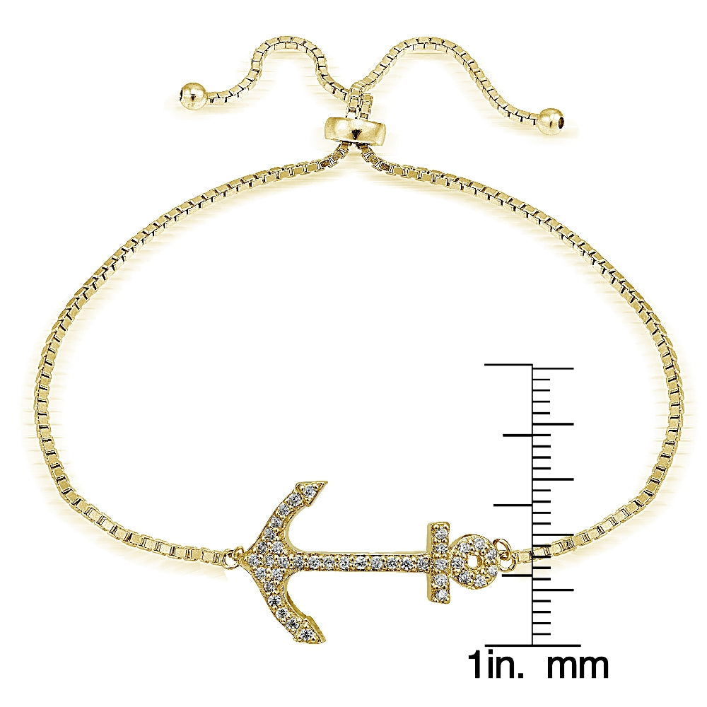 Gold Tone over Sterling Silver Cubic Zirconia Anchor  Adjustable Bracelet-3