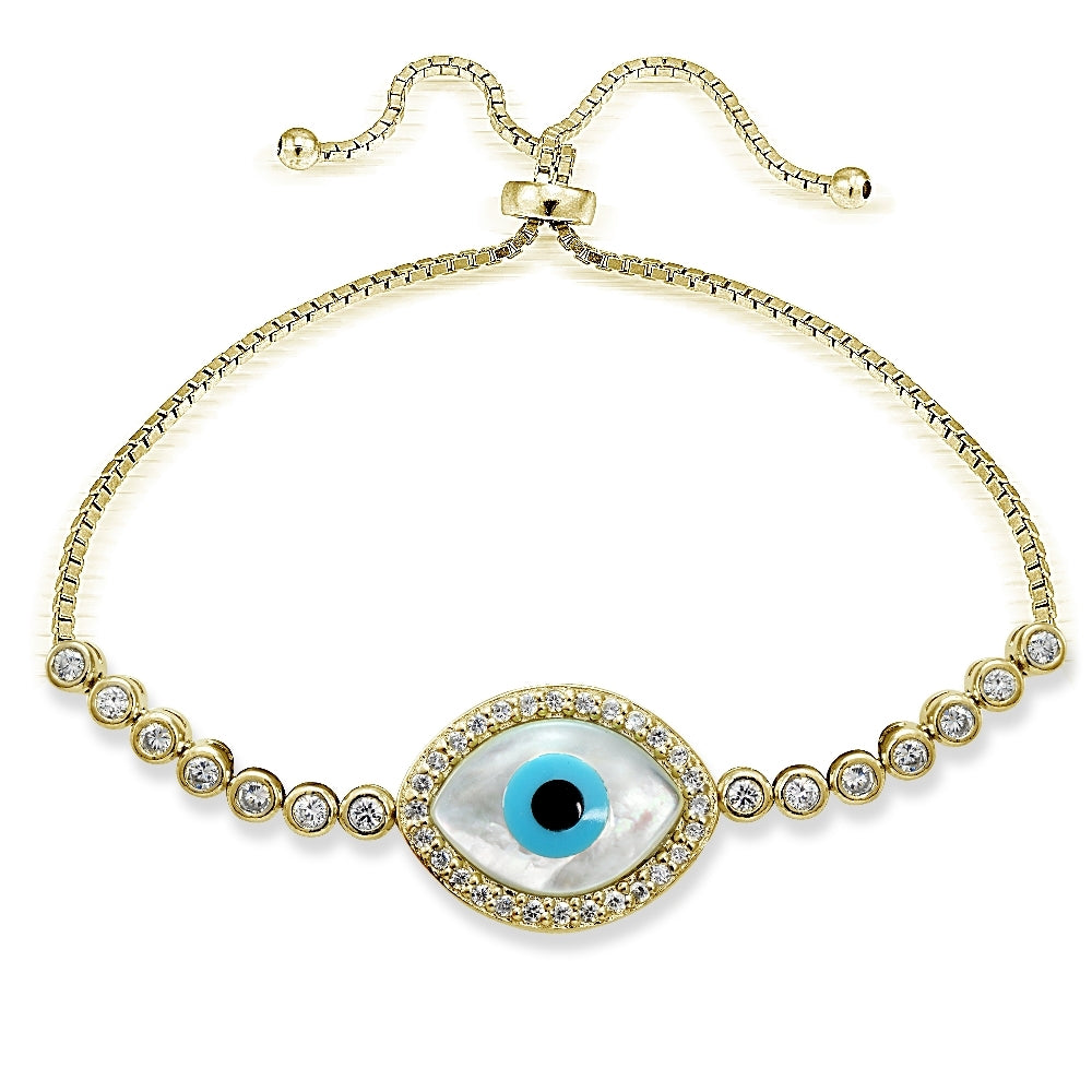 Gold Tone over Sterling Silver Cubic Zirconia Evil Eye Adjustable Bracelet
