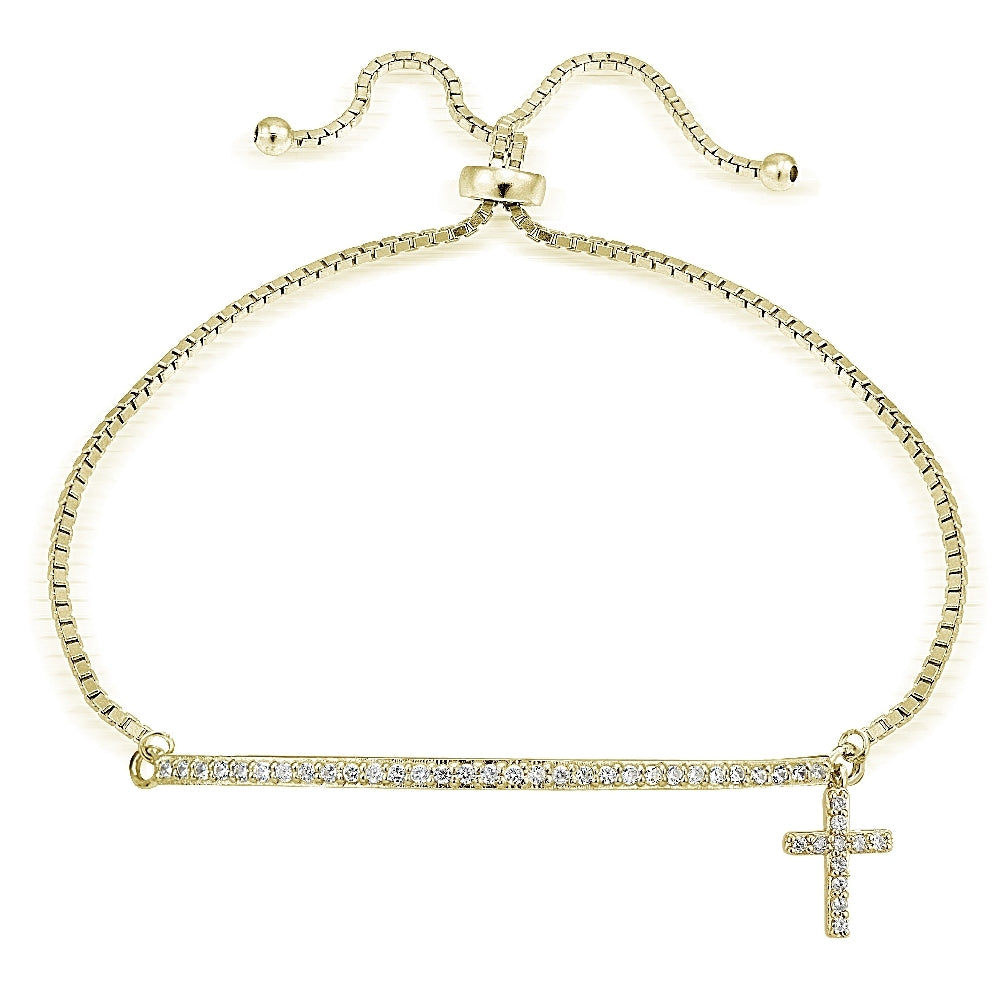 Gold Tone over Sterling Silver Cubic Zirconia Cross & Bar Adjustable Bracelet