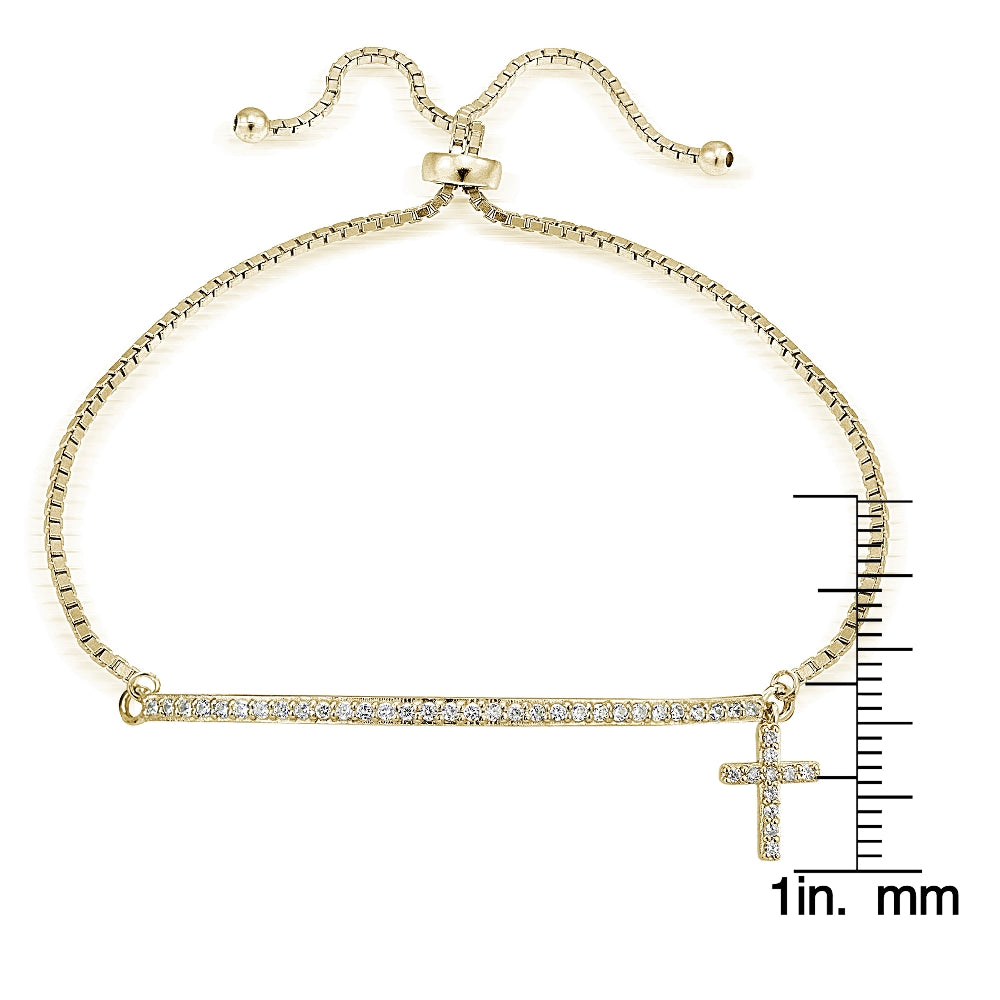Gold Tone over Sterling Silver Cubic Zirconia Cross & Bar Adjustable Bracelet-3