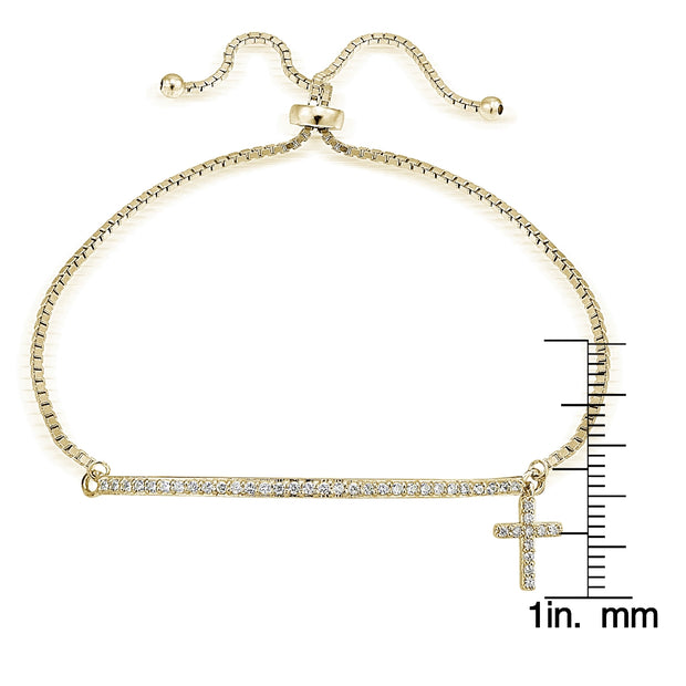Gold Tone over Sterling Silver Cubic Zirconia Cross & Bar Adjustable Bracelet