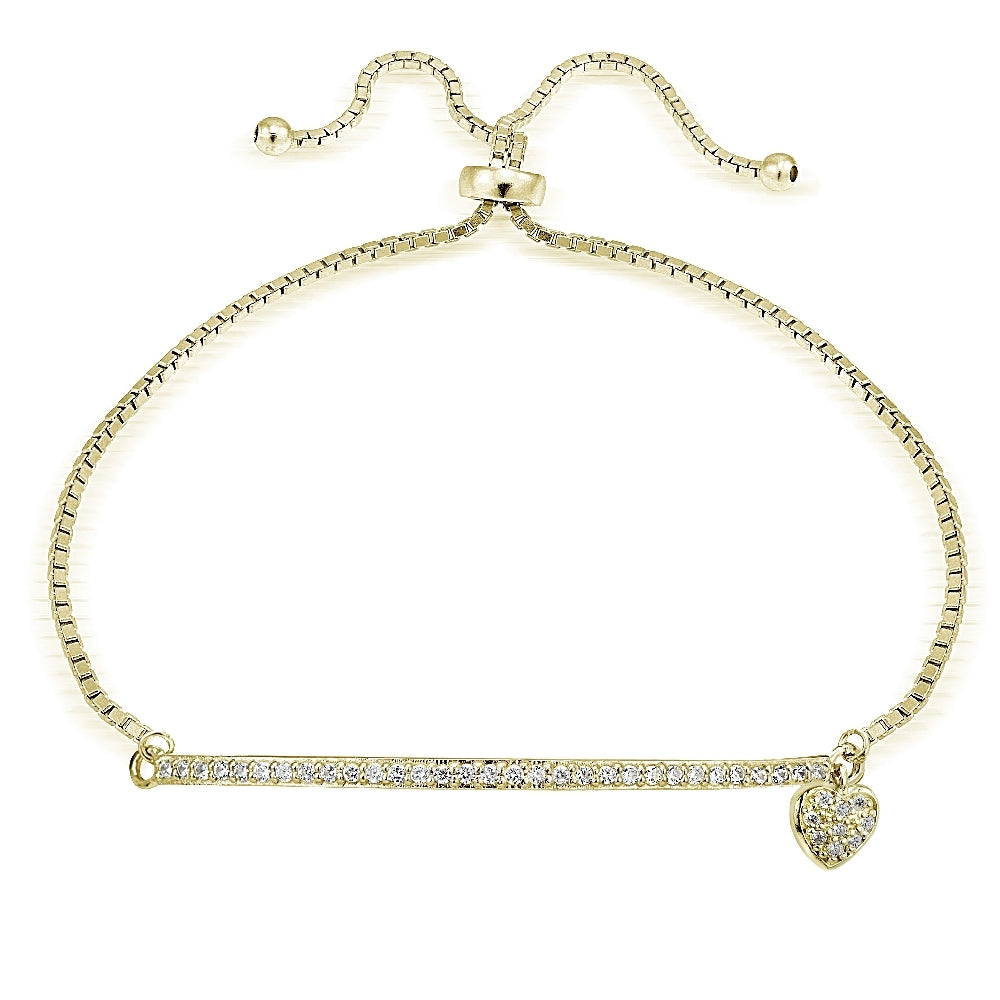 Gold Tone over Sterling Silver Cubic Zirconia Heart & Bar Adjustable Bracelet