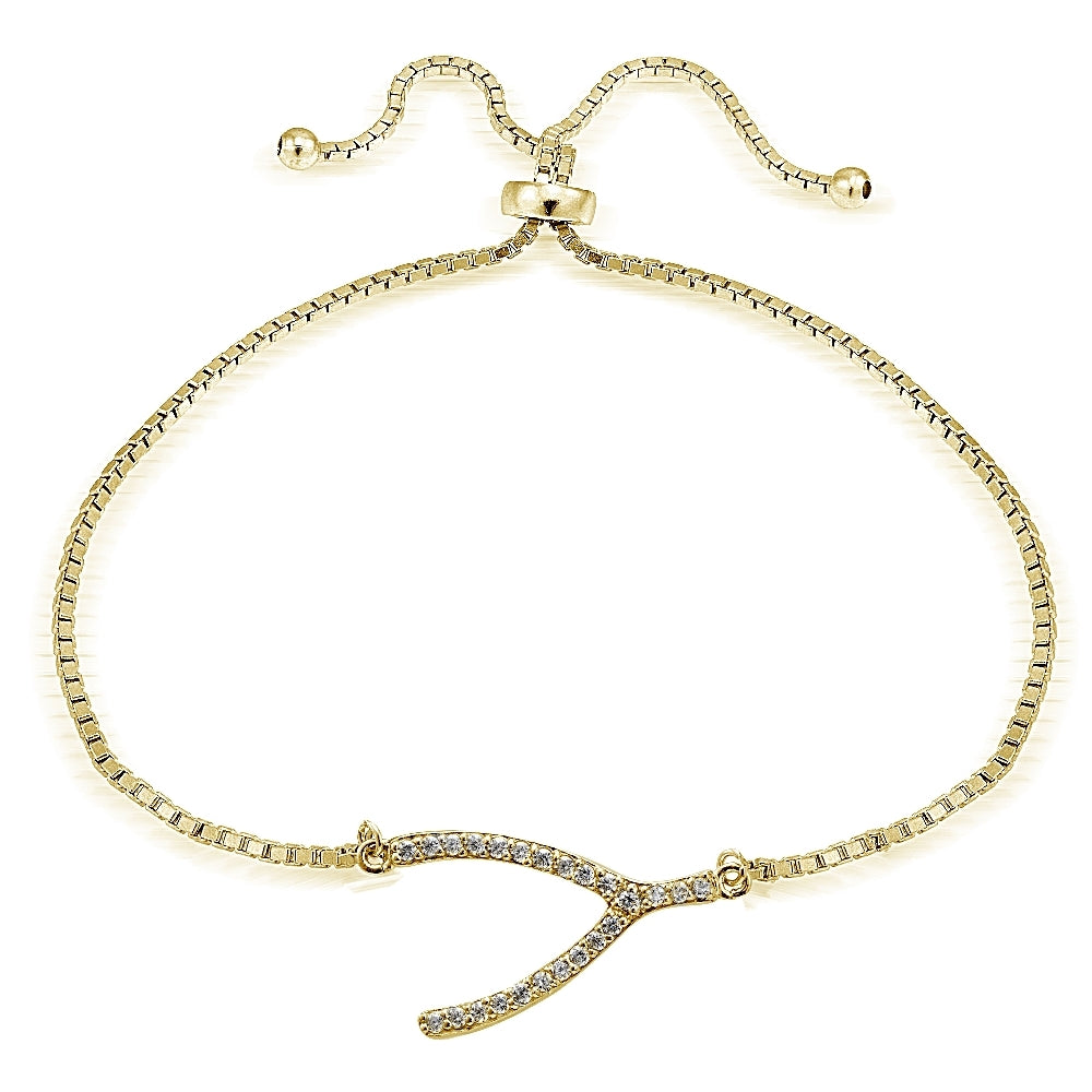 Gold Tone over Sterling Silver Cubic Zirconia Wish Bone Adjustable Bracelet