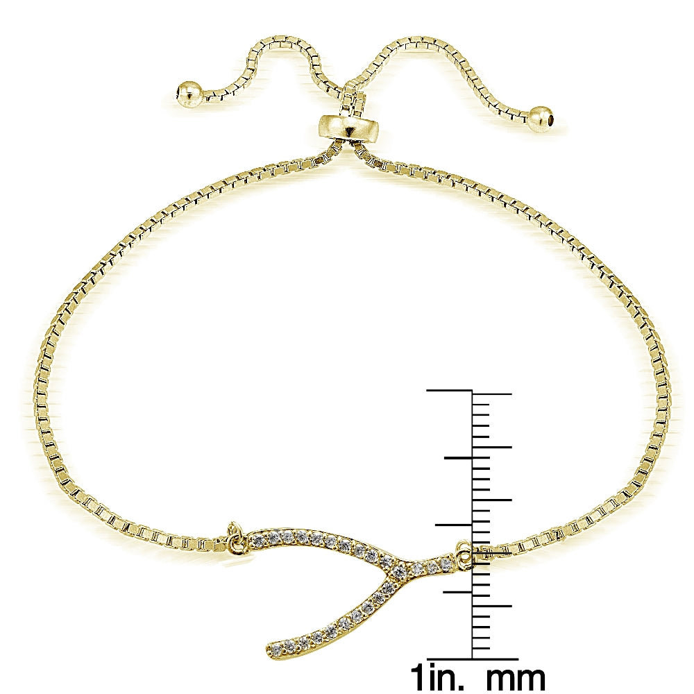 Gold Tone over Sterling Silver Cubic Zirconia Wish Bone Adjustable Bracelet-3