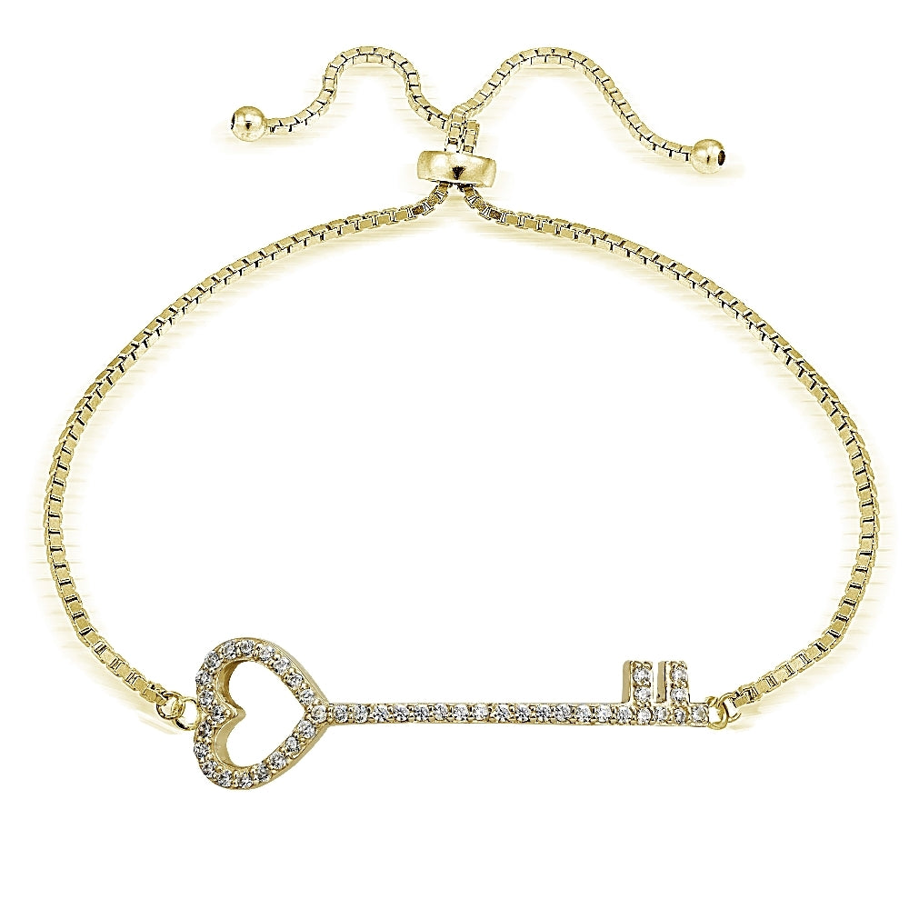 Gold Tone over Sterling Silver Cubic Zirconia Heart Key Adjustable Bracelet