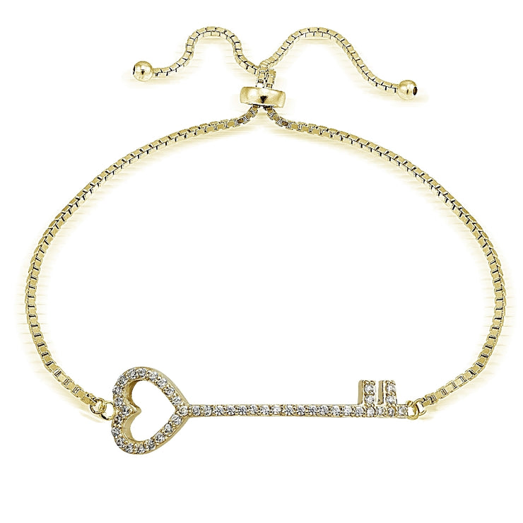 Gold Tone over Sterling Silver Cubic Zirconia Heart Key Adjustable Bracelet