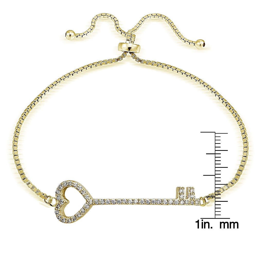 Gold Tone over Sterling Silver Cubic Zirconia Heart Key Adjustable Bracelet-3