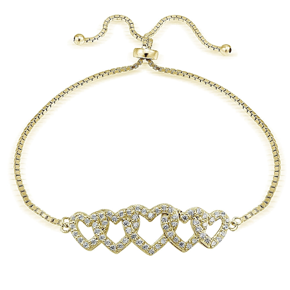 Gold Tone over Sterling Silver Cubic Zirconia Intertwining Hearts Adjustable Bracelet