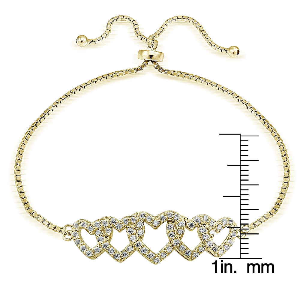 Gold Tone over Sterling Silver Cubic Zirconia Intertwining Hearts Adjustable Bracelet-3