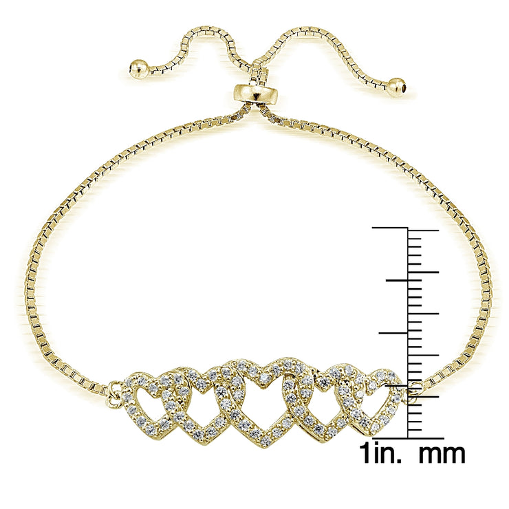 Gold Tone over Sterling Silver Cubic Zirconia Intertwining Hearts Adjustable Bracelet