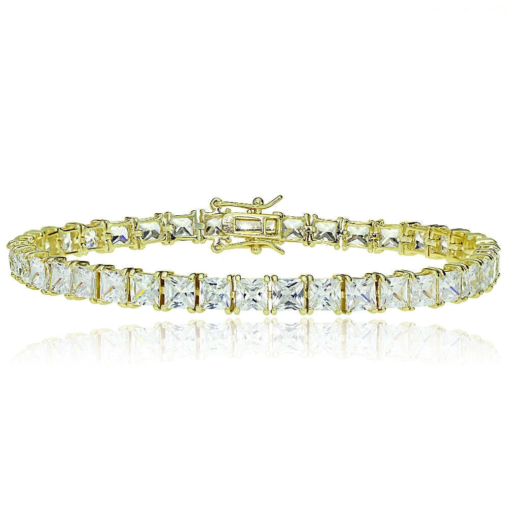 Gold Tone over Sterling Silver Princess-cut Cubic  Zirconia 4x4mm Tennis Bracelet
