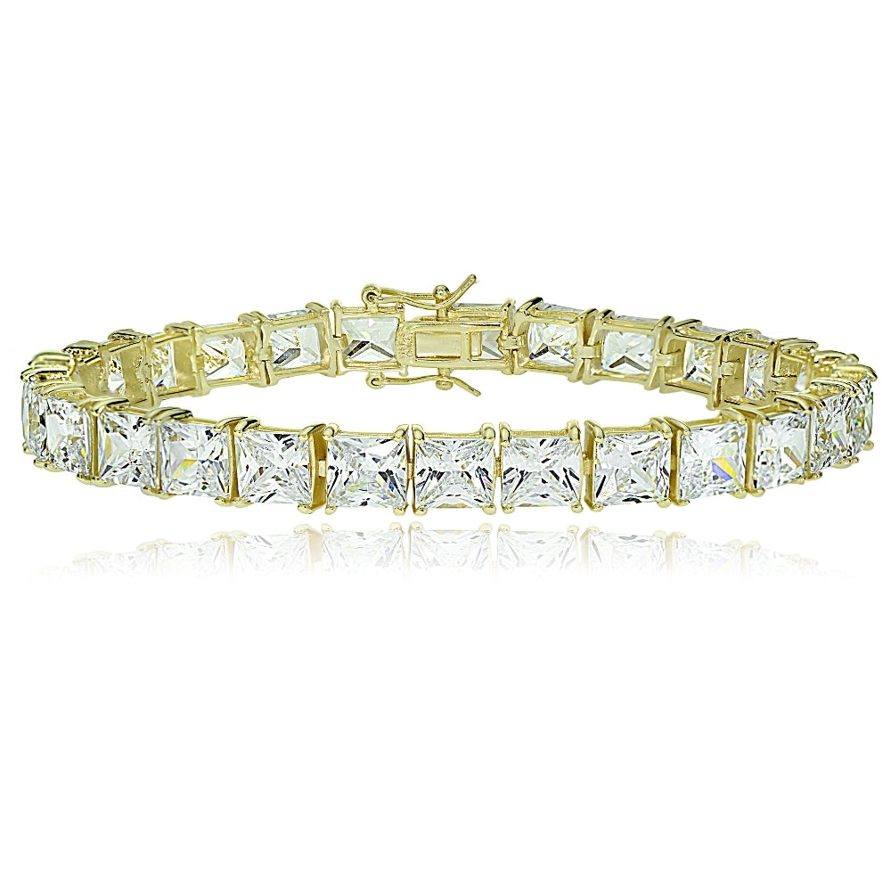 Gold Tone over Sterling Silver Princess-cut Cubic  Zirconia 6x6mm Tennis Bracelet