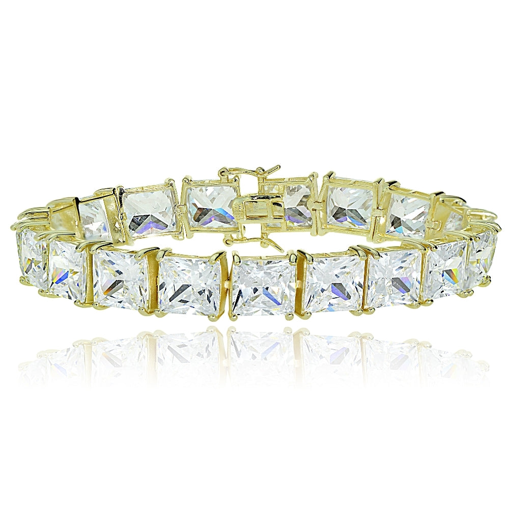 Gold Tone over Sterling Silver Princess-cut Cubic  Zirconia 8x8mm Tennis Bracelet