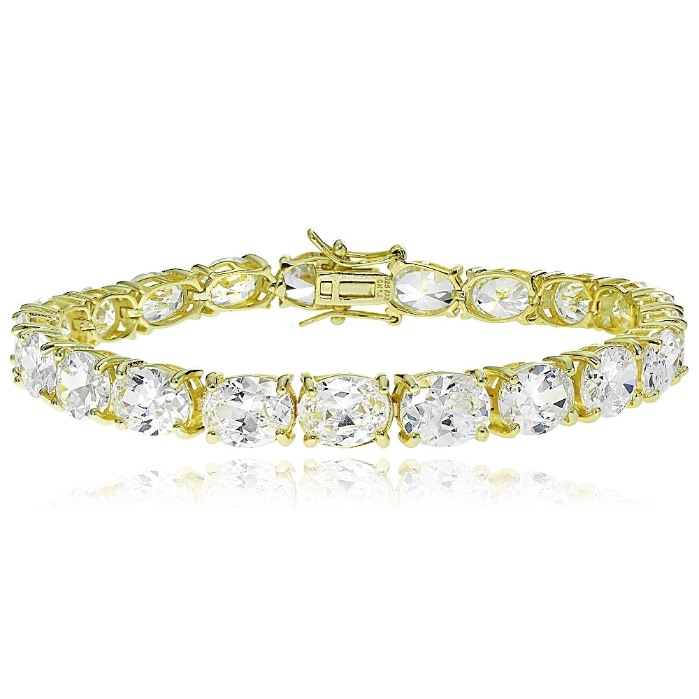 Gold Tone over Sterling Silver Oval Cubic  Zirconia 9x7mm Tennis Bracelet