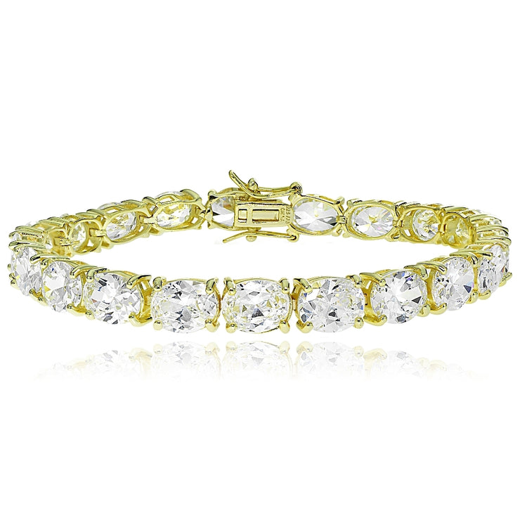 Gold Tone over Sterling Silver Oval Cubic  Zirconia 9x7mm Tennis Bracelet