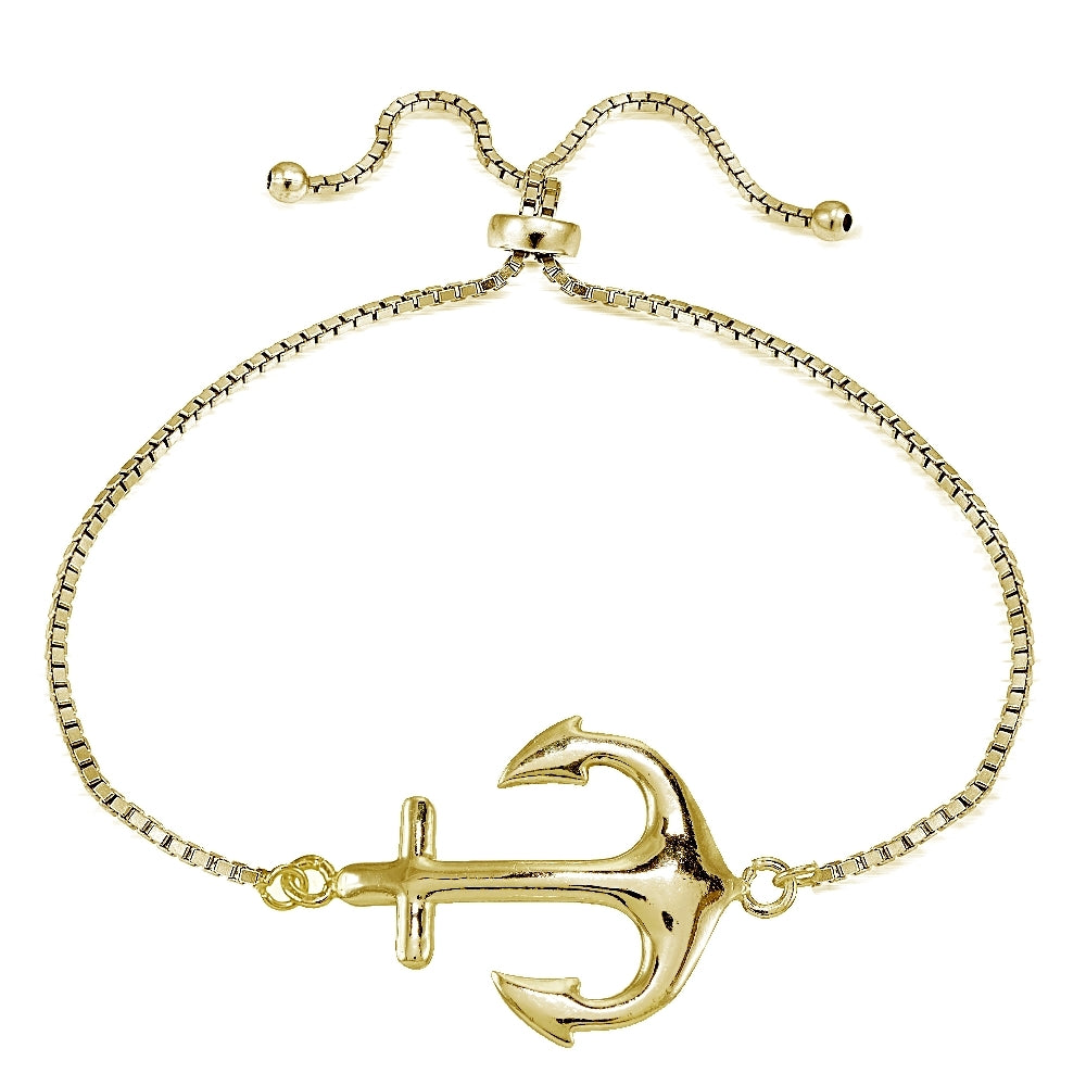 Gold Tone over Sterling Silver Polished Anchor Adjustable Bracelet