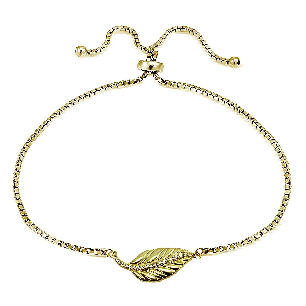 Gold Tone Sterling Silver Cubic Zirconia Leaf Adjustable Bracelet