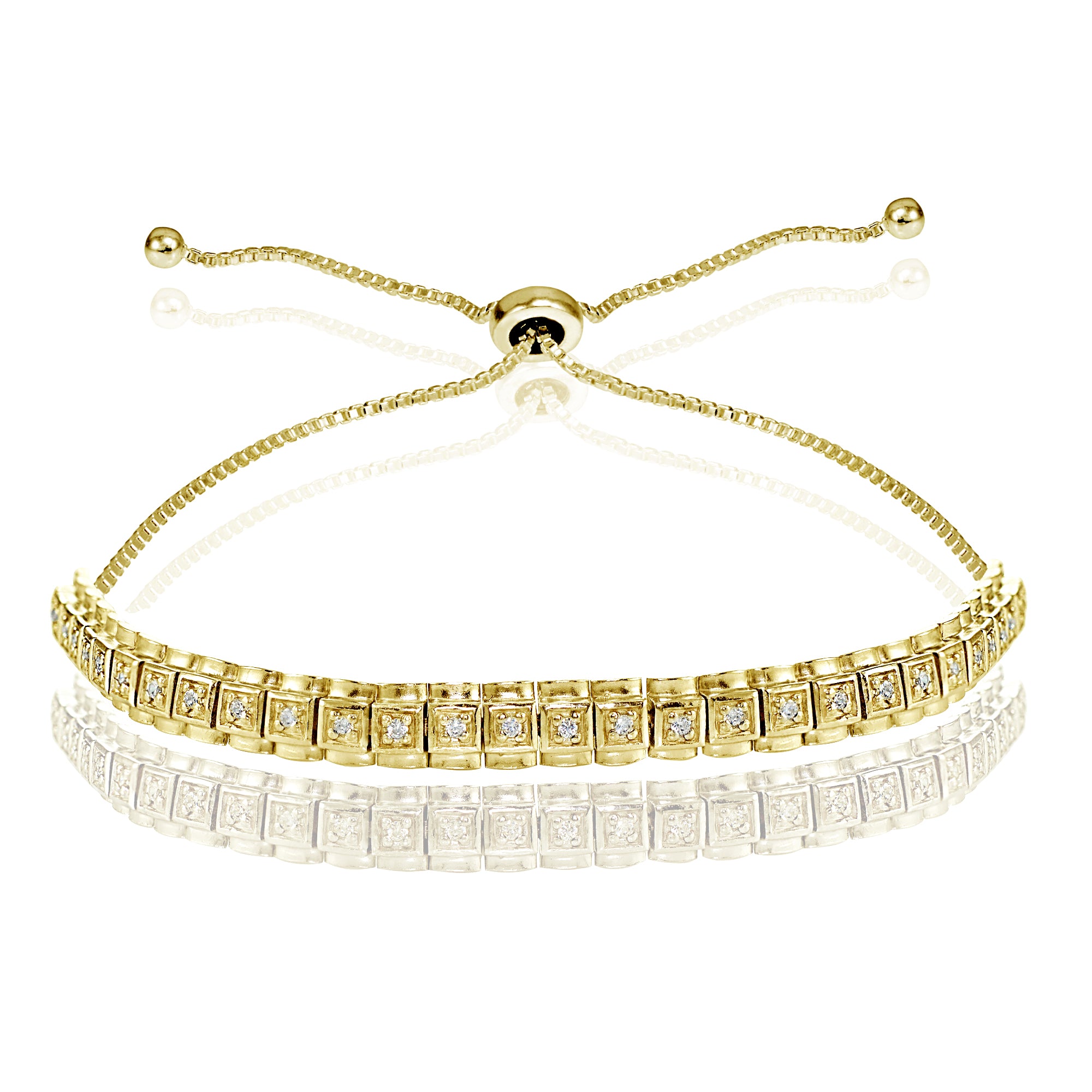 Yellow Gold Flashed Sterling Silver Cubic Zirconia 1.3mm Bar Adjustable Bracelet