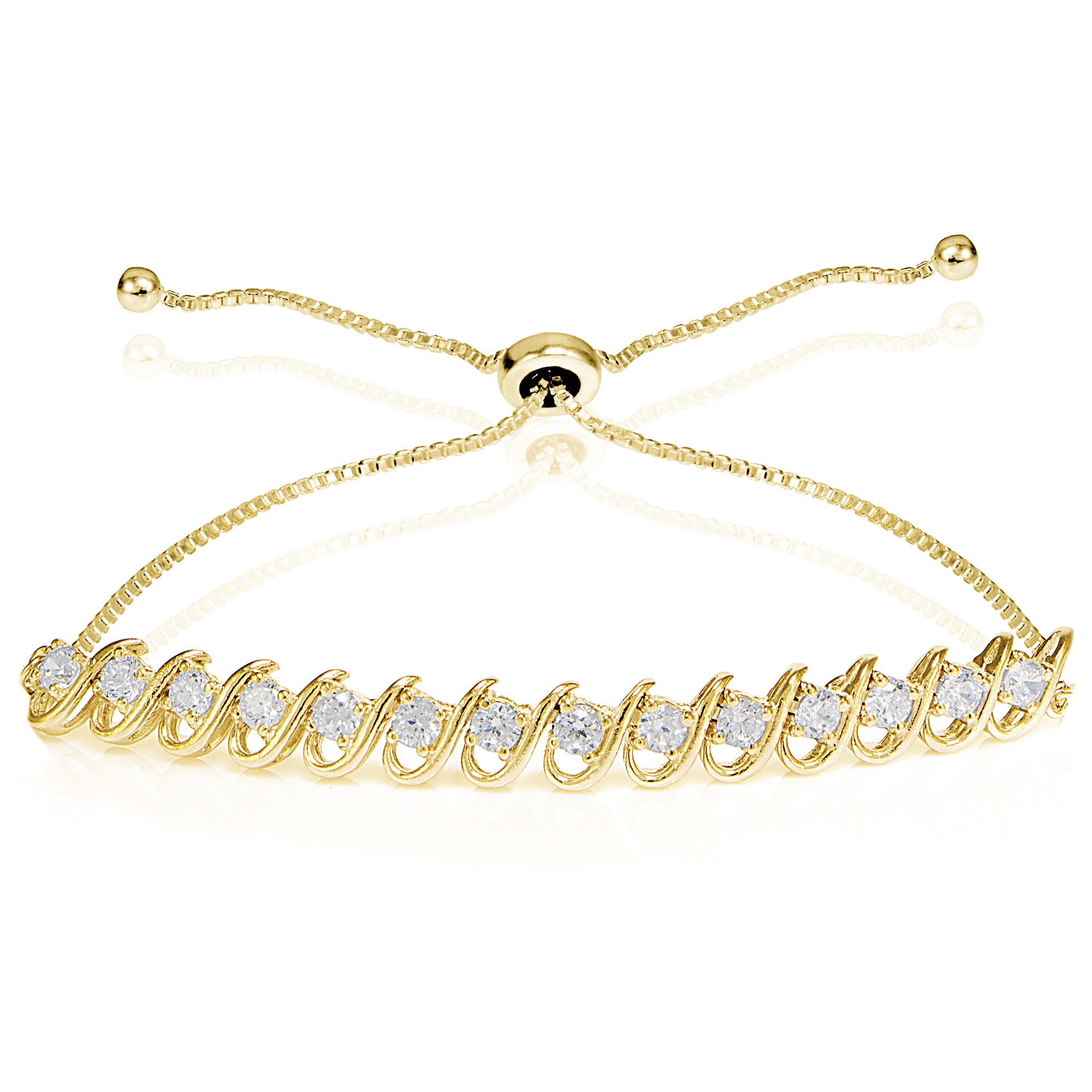 Yellow Gold Flashed Sterling Silver Cubic Zirconia S-Link Design Adjustable Bracelet