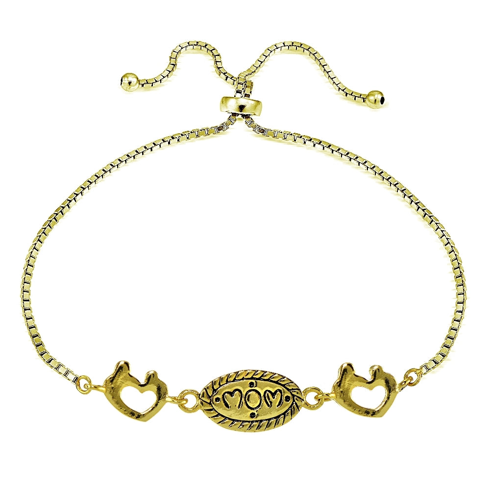Gold Tone over Sterling Silver MOM Mother and Daughter Heart Polished Adjustable Bracelet