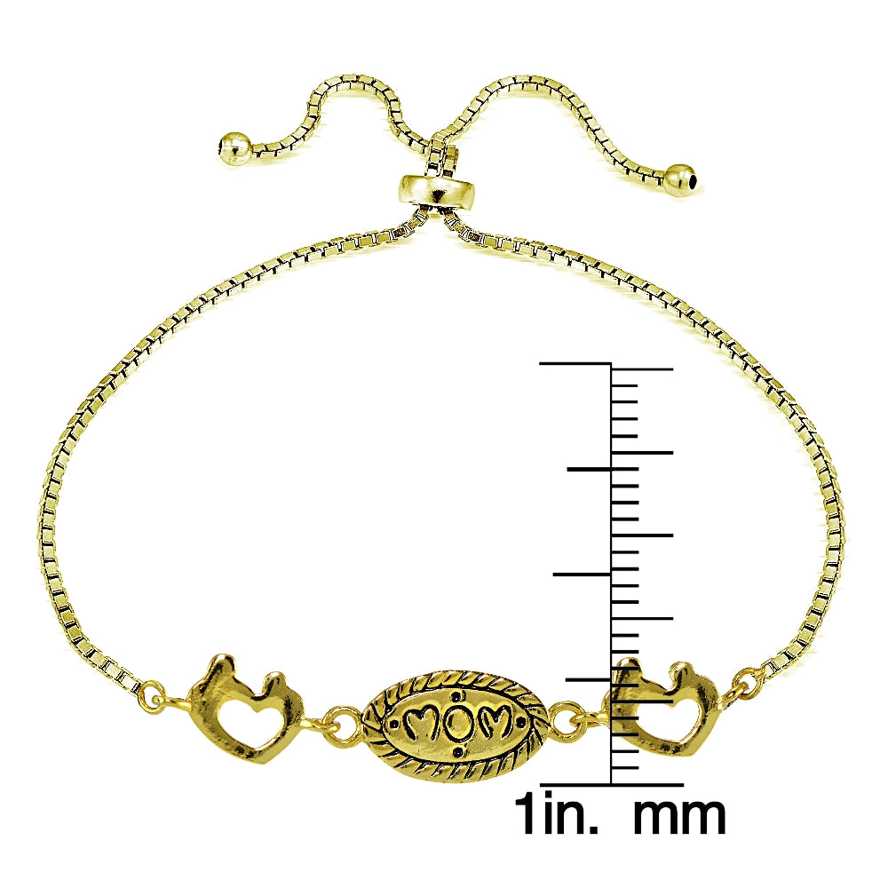 Gold Tone over Sterling Silver MOM Mother and Daughter Heart Polished Adjustable Bracelet-3