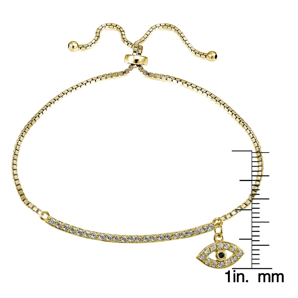 Yellow Gold Flashed Silver Blue Cubic Zirconia Dangling Evil Eye Bar Adjustable Bracelet-2