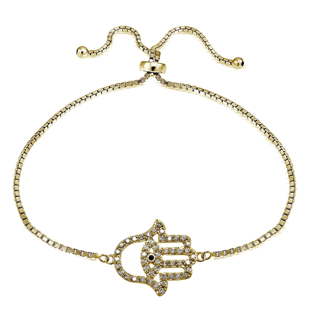Yellow Gold Flashed Silver Black Cubic Zirconia Hamsa Evil Eye Adjustable Slider Bracelet