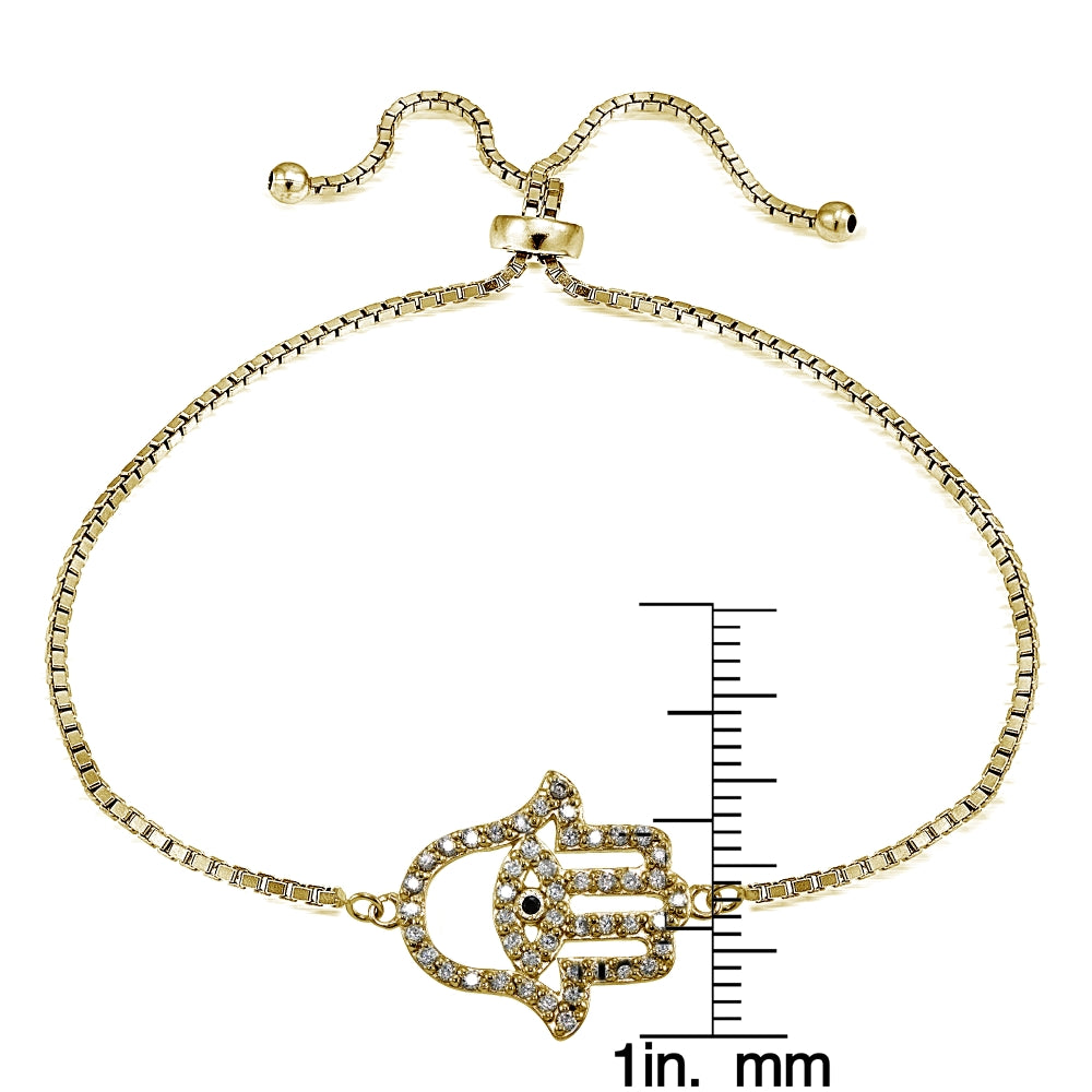 Yellow Gold Flashed Silver Black Cubic Zirconia Hamsa Evil Eye Adjustable Slider Bracelet-3