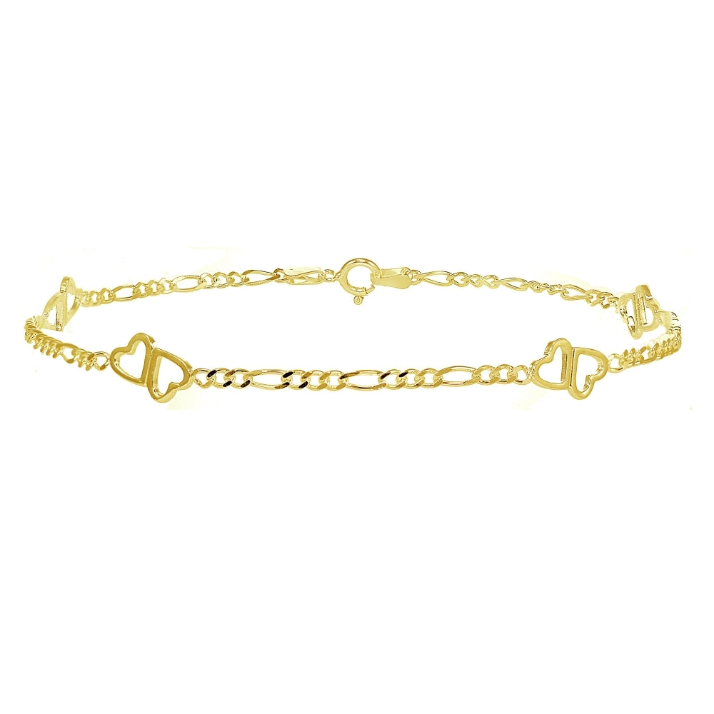 Yellow Gold Flashed Sterling Silver Figaro Link Chain with Double Hearts Bracelet