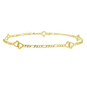 Yellow Gold Flashed Sterling Silver Figaro Link Chain with Double Hearts Bracelet