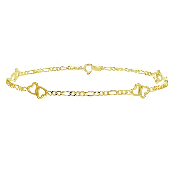 Yellow Gold Flashed Sterling Silver Figaro Link Chain with Double Hearts Bracelet