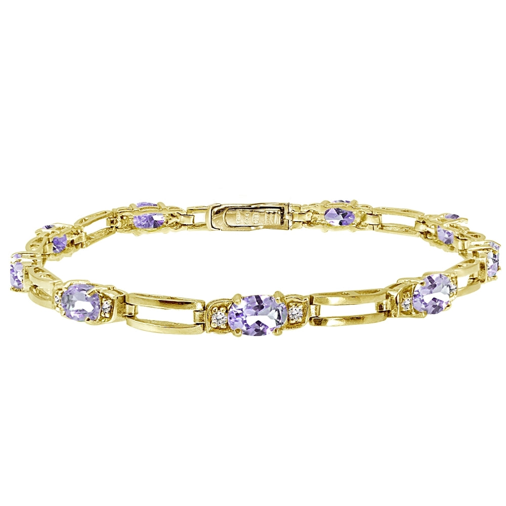 Yellow Gold Flashed Sterling Silver Amethyst and Cubic Zirconia Oval & Bar Link Bracelet