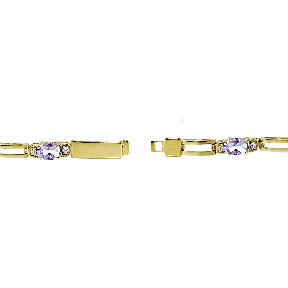 Yellow Gold Flashed Sterling Silver Amethyst and Cubic Zirconia Oval & Bar Link Bracelet-2
