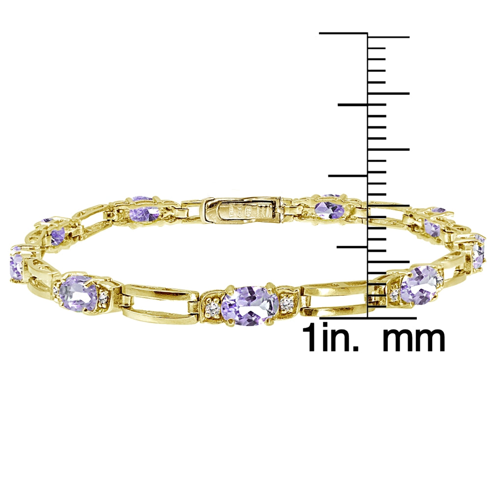 Yellow Gold Flashed Sterling Silver Amethyst and Cubic Zirconia Oval & Bar Link Bracelet-3