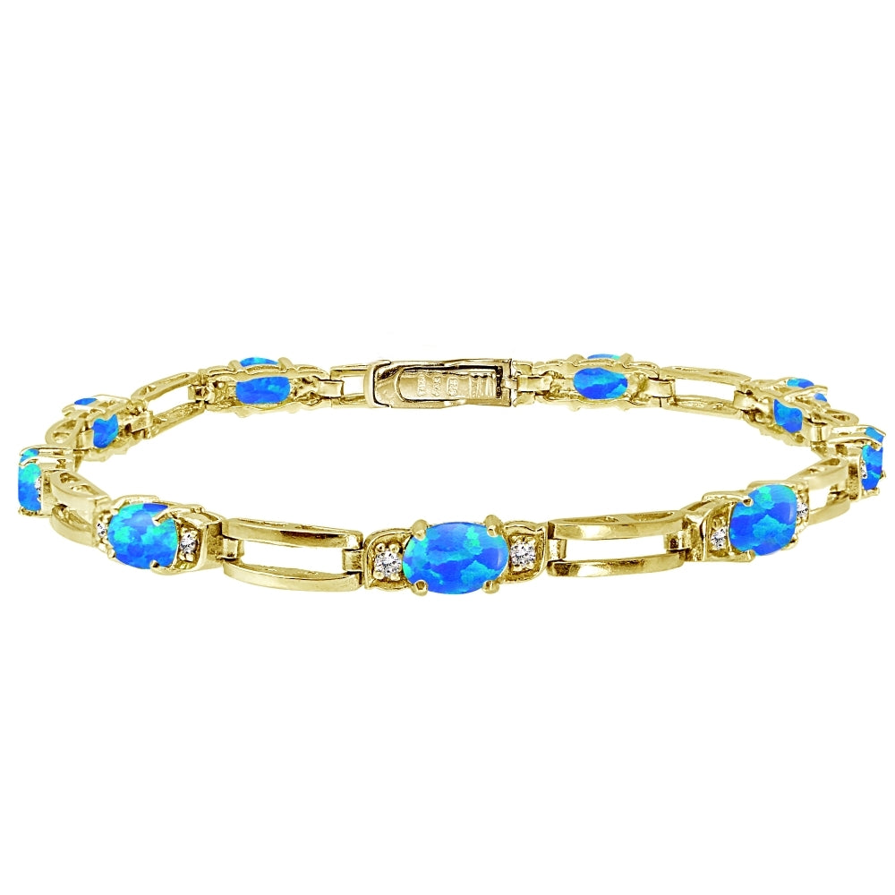 Yellow Gold Flashed Sterling Silver Created Blue Opal and Cubic Zirconia Oval & Bar Link Bracelet
