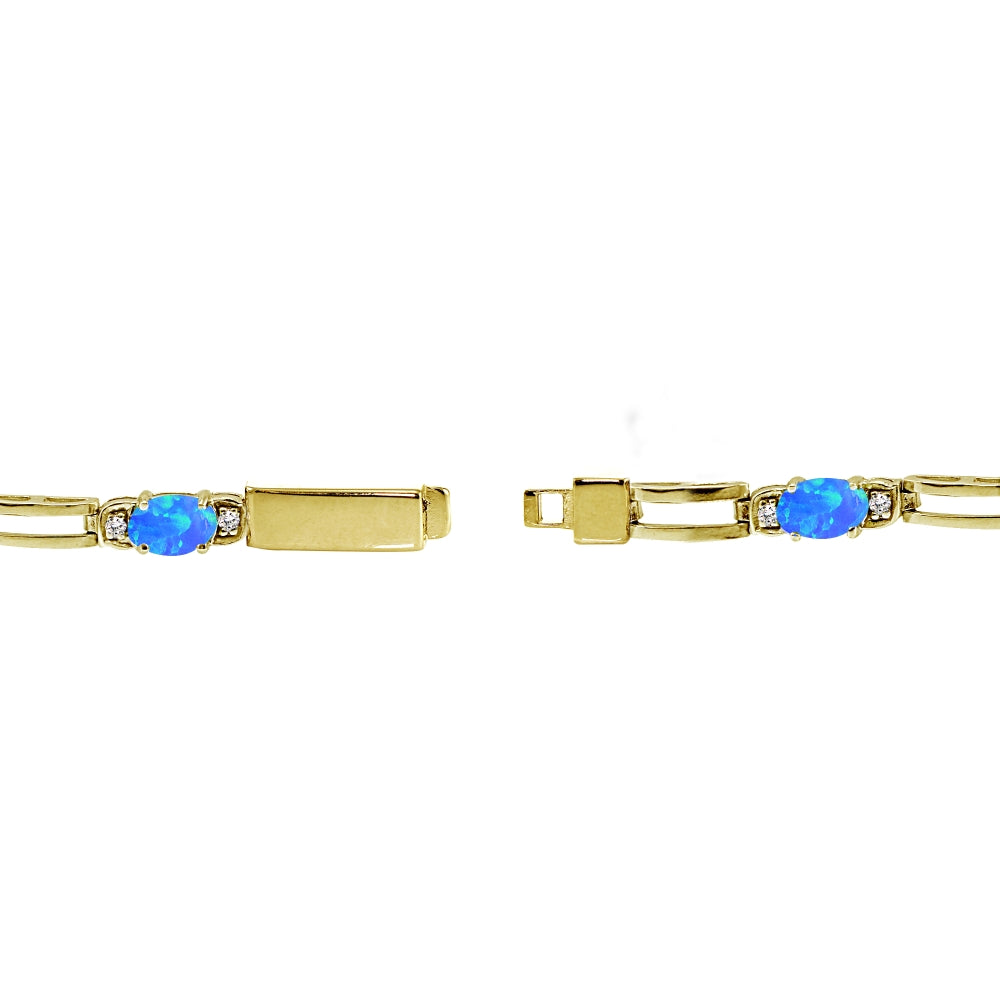 Yellow Gold Flashed Sterling Silver Created Blue Opal and Cubic Zirconia Oval & Bar Link Bracelet-2