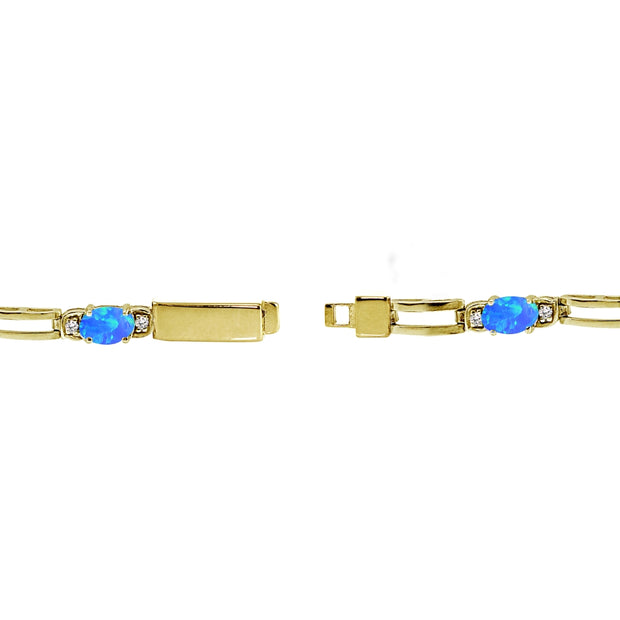 Yellow Gold Flashed Sterling Silver Created Blue Opal and Cubic Zirconia Oval & Bar Link Bracelet