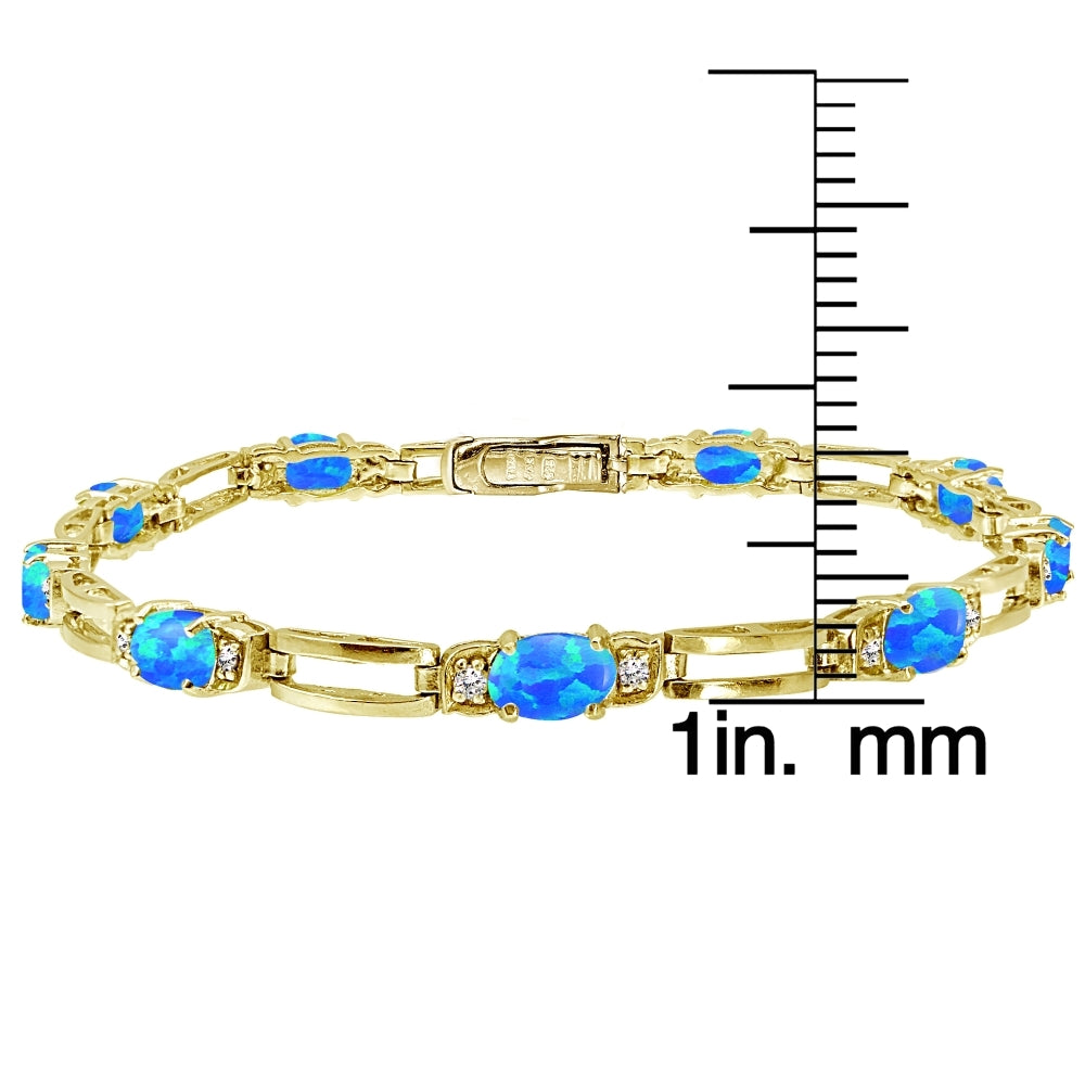 Yellow Gold Flashed Sterling Silver Created Blue Opal and Cubic Zirconia Oval & Bar Link Bracelet-3