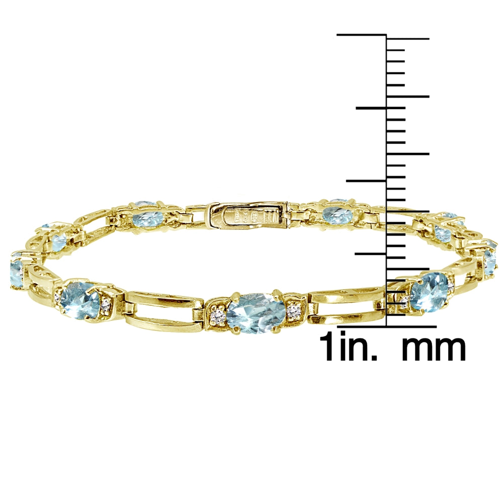 Yellow Gold Flashed Sterling Silver Blue Topaz and Cubic Zirconia Oval & Bar Link Bracelet-3