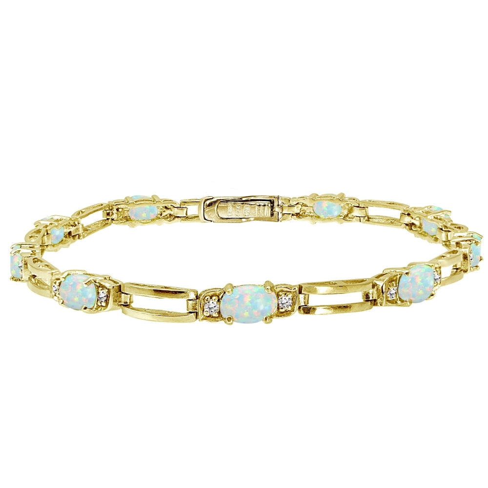 Yellow Gold Flashed Sterling Silver Created White Opal and Cubic Zirconia Oval & Bar Link Bracelet