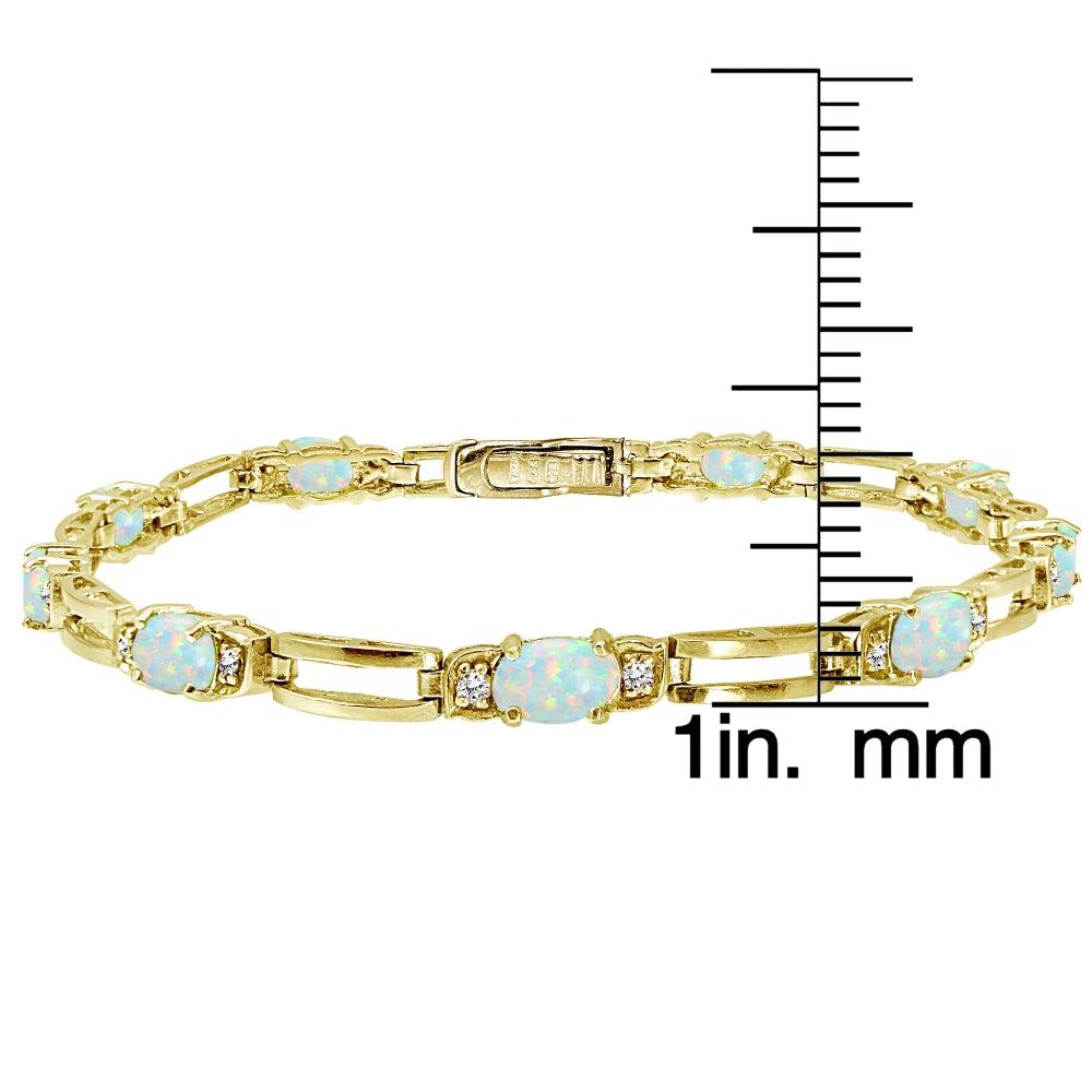 Yellow Gold Flashed Sterling Silver Created White Opal and Cubic Zirconia Oval & Bar Link Bracelet-3