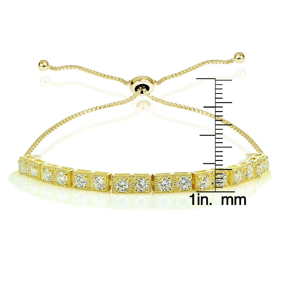 Yellow Gold Flashed Sterling Silver 3mm Cubic Zirconia Classic Bar Adjustable Tennis Bracelet-3