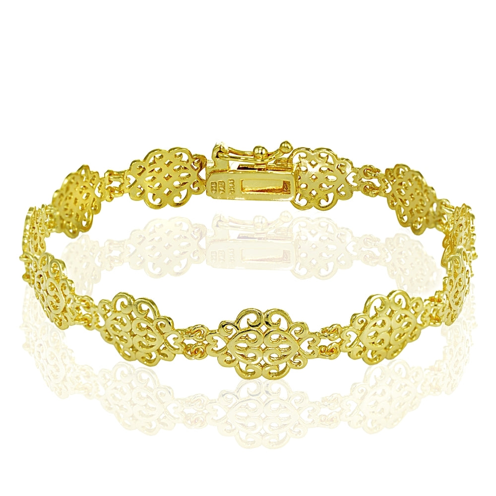 Yellow Gold Flashed Sterling Silver Polished Vintage Filigree Swirl Bracelet