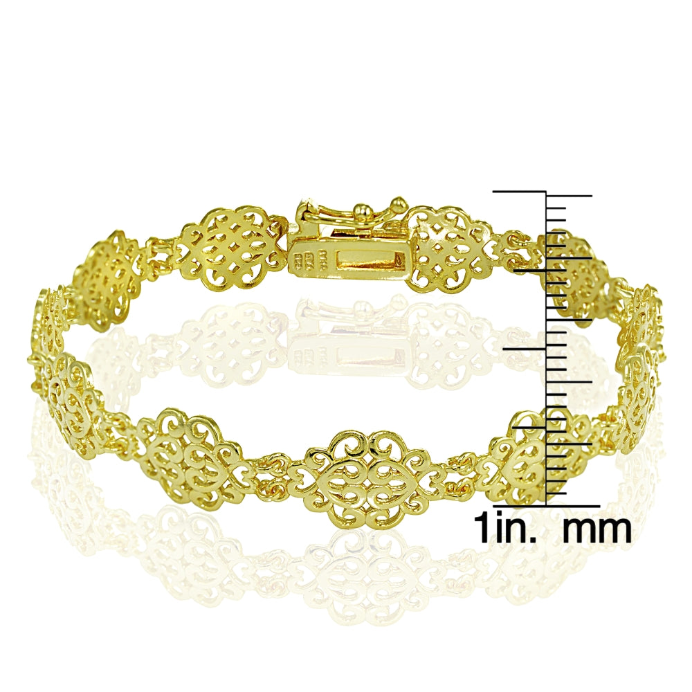 Yellow Gold Flashed Sterling Silver Polished Vintage Filigree Swirl Bracelet-4