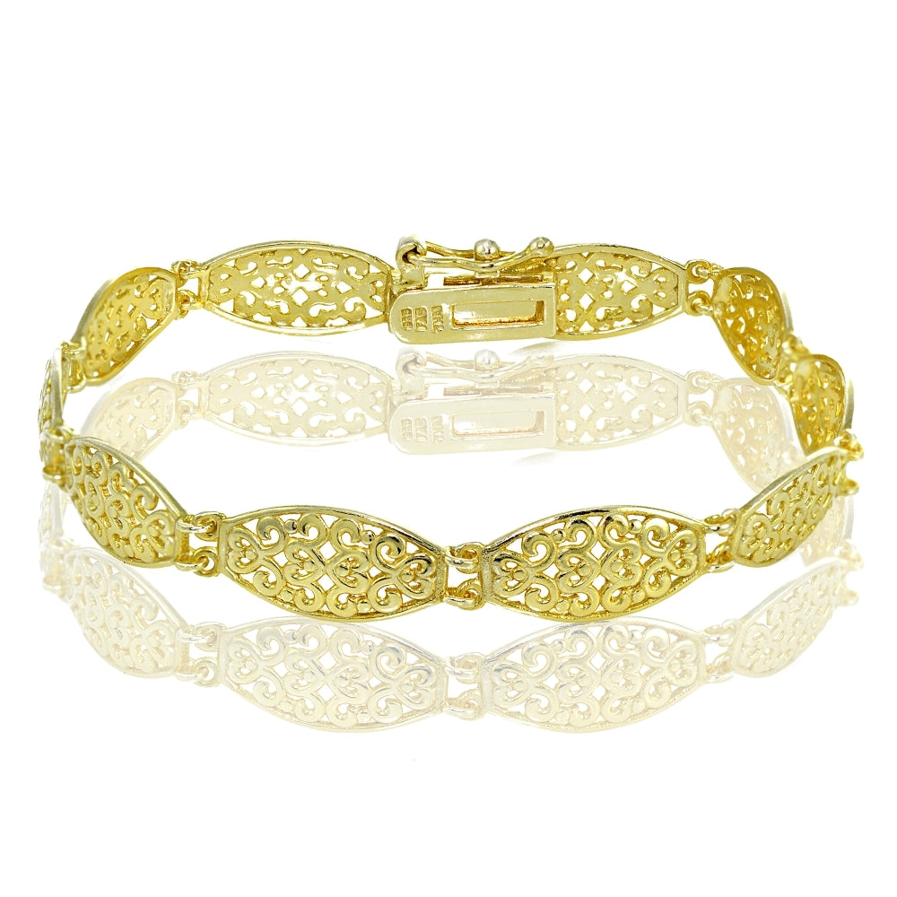 Yellow Gold Flashed Sterling Silver Polished Vintage Oval Filigree Bracelet