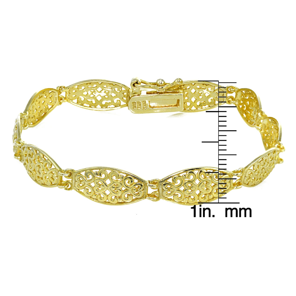 Yellow Gold Flashed Sterling Silver Polished Vintage Oval Filigree Bracelet-4
