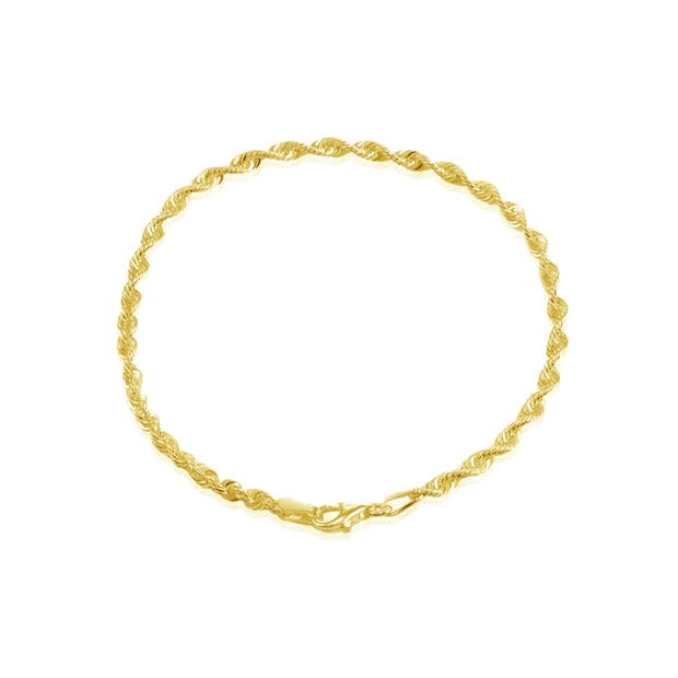 Yellow Gold Flashed Sterling Silver 2mm Twist Rope Chain Bracelet, 7 Inches