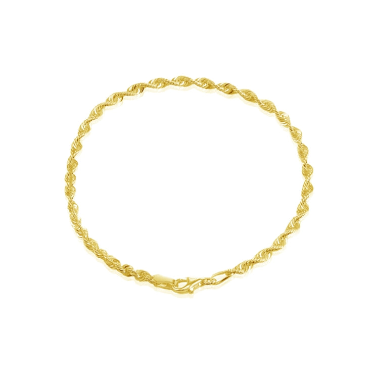 Yellow Gold Flashed Sterling Silver 2mm Twist Rope Chain Bracelet, 8 Inches