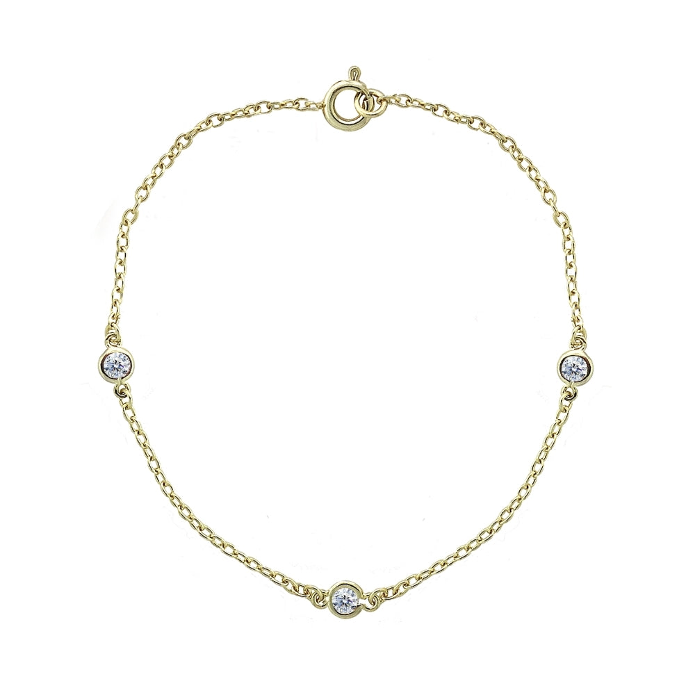 Yellow Gold Flashed Sterling Silver CZ Station Dainty Chain Bracelet, 7 Inches